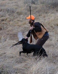 dog, hunter, and downed pheasant